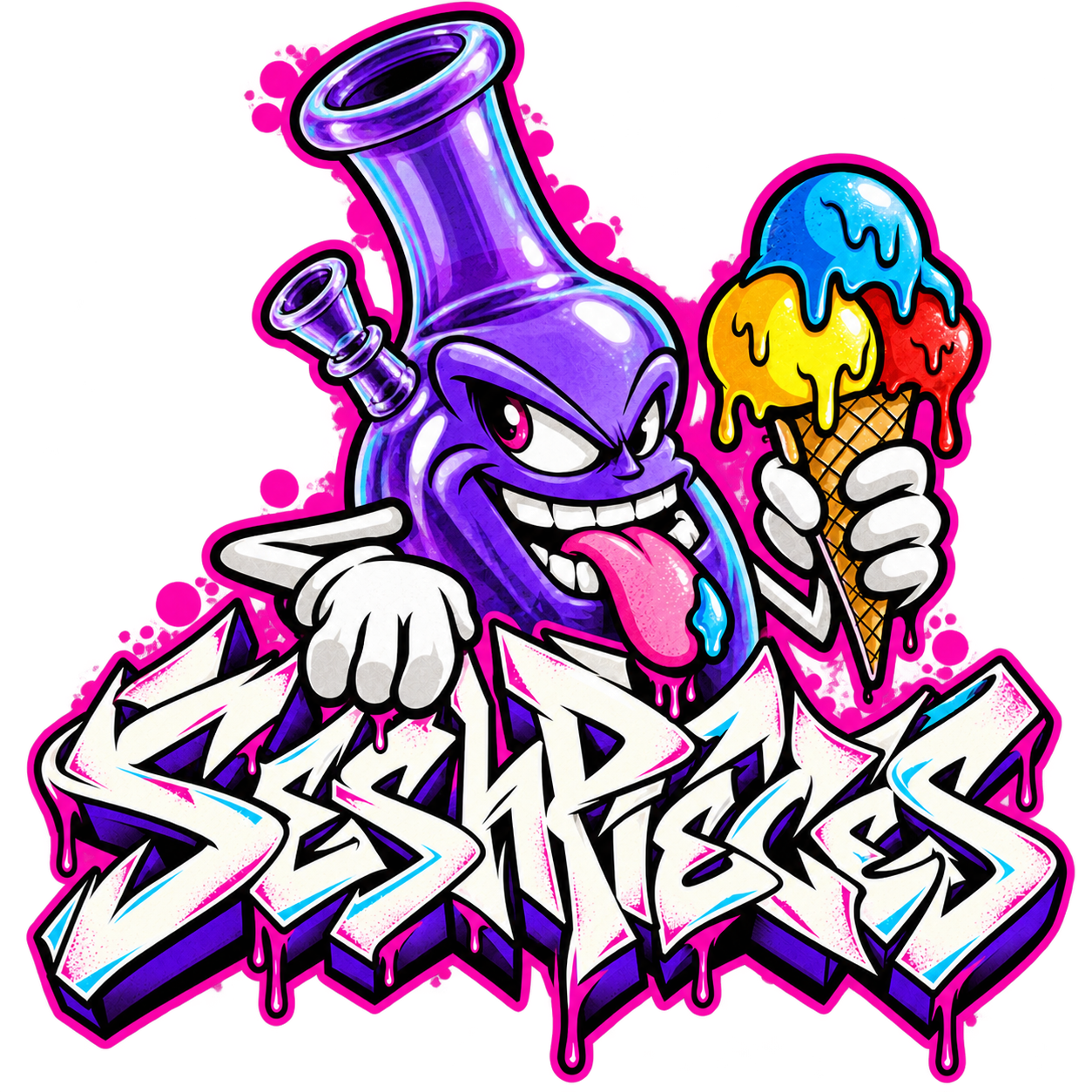 SeshPieces graffiti logo with a purple glass bong character holding an ice cream